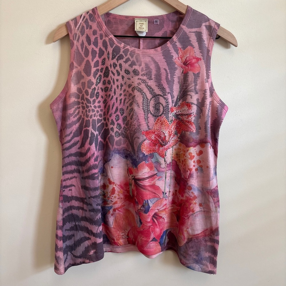 Jess & Jane Pink Floral Animal Print Rhinestone Sleeveless Tank Top Medium
